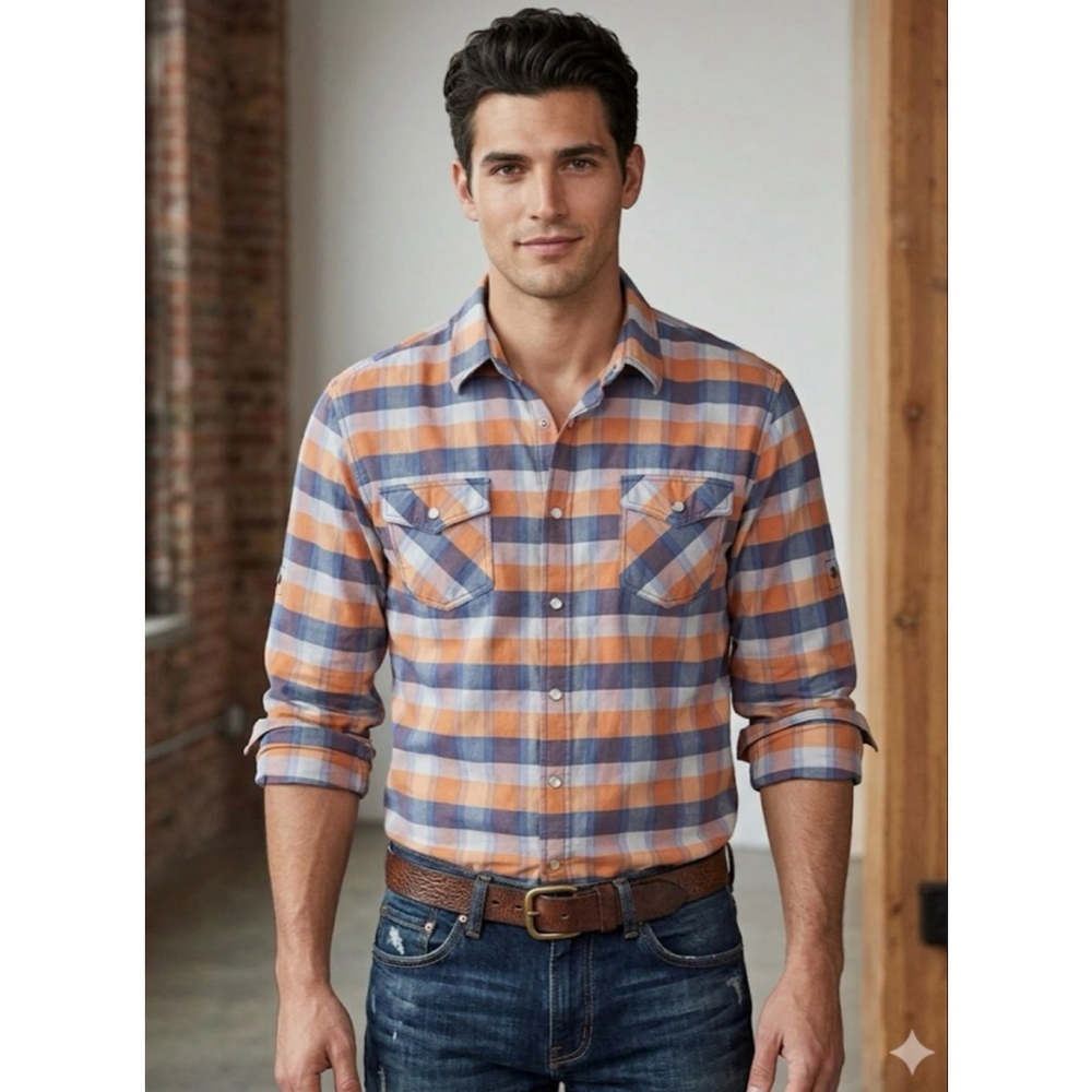 Mossimo Supply Co. Plaid Casual Button Down Shirt L Orange Blue